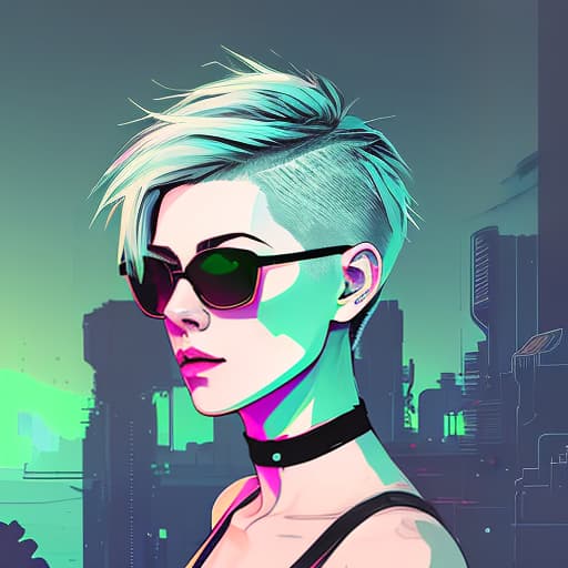 nvinkpunk a woman with white hair, a short pixie haircut in sunglasses, a top t shirt, with a choker around her neck, stands against a neon sunset. coast of the sea, shade of palm trees. digital photo. high detail. high realism.