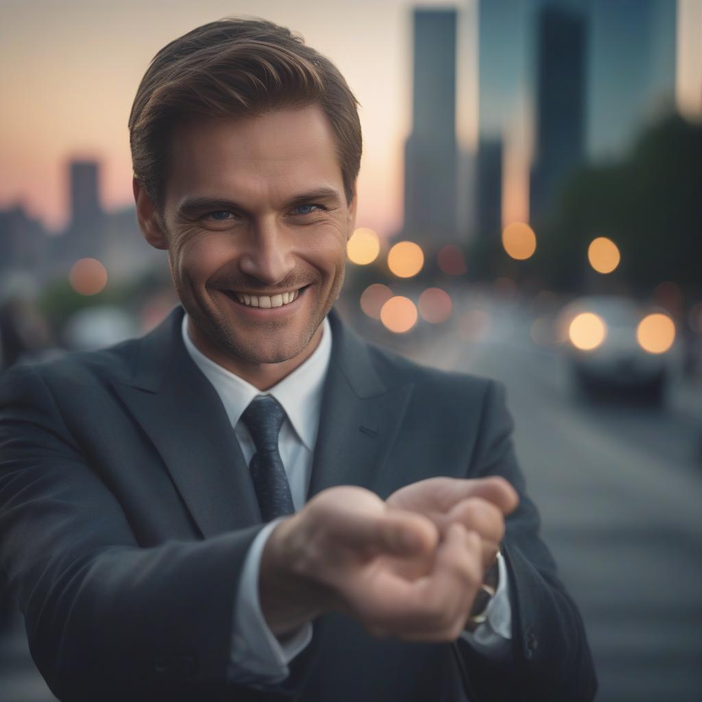  cinematic film still sunrise in the background, in the foreground a man in a suit offers a favor, smiles, face close up, photorealism, in the background the city in a blurred focus. . shallow depth of field, vignette, highly detailed, high budget, bokeh, cinemascope, moody, epic, gorgeous, film grain, grainy