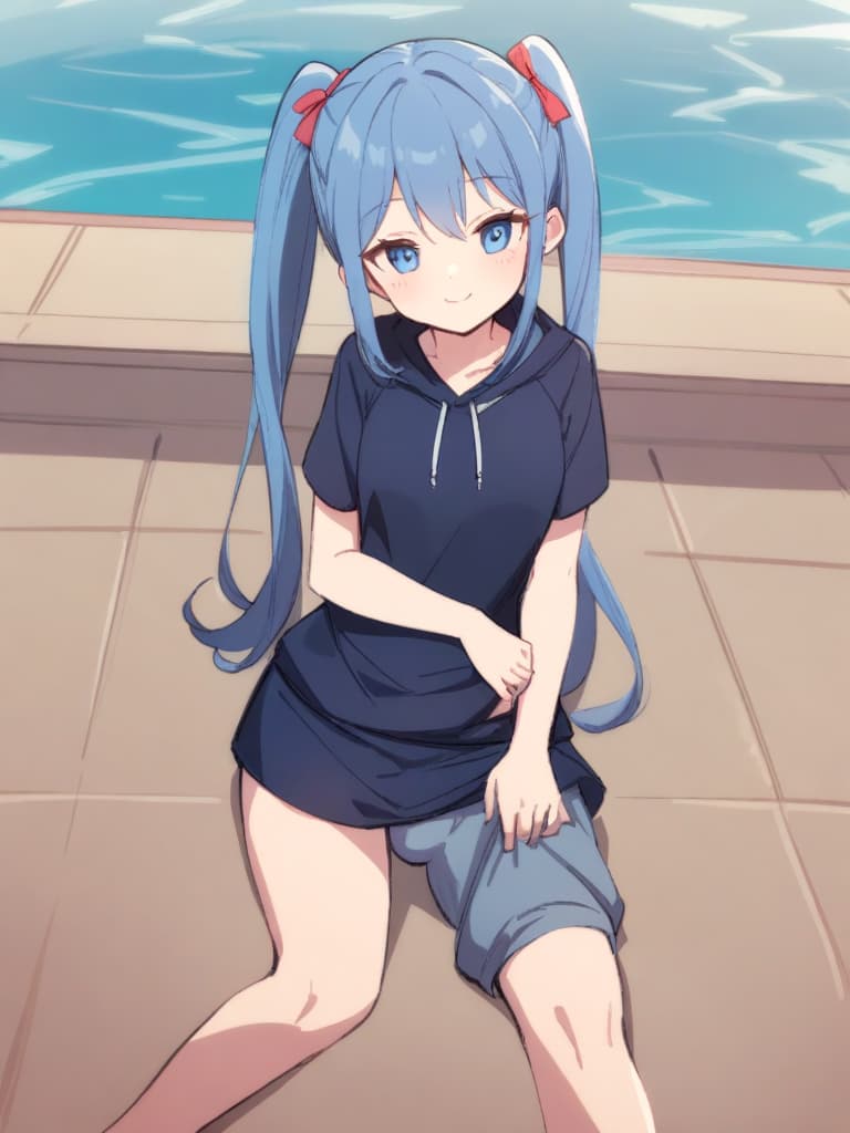  women's elementary students (male), twin tails, cute smiles, rich s, low stature, dark blue swimwear, old swimwear, , simple, , (bulge), male (bulging), front, whole body, pool side,