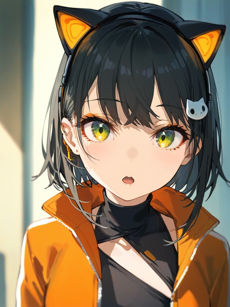  (black cat ear headphones: 1.2), blurry, masterpiece, open mouth, best quality, close up, from front, medium hair, (pure eyes: ), earring, orange overside jacket, (shoulder gap: 1.2), (white turtereneck: 1.1), (hair pin: 1.3)