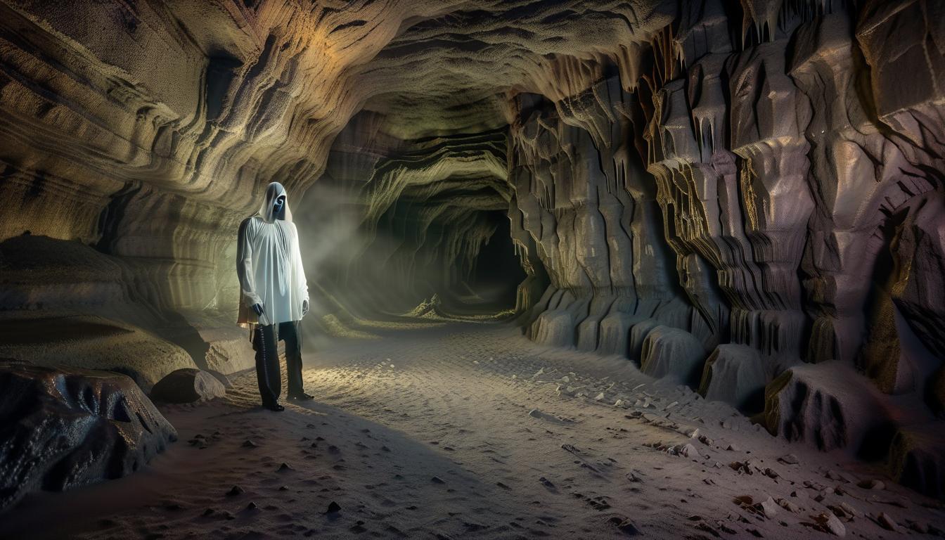  horror themed the scary dark cave on the walls of the web, and the ghost is a ghost . eerie, unsettling, dark, spooky, suspenseful, grim, highly detailed hyperrealistic, full body, detailed clothing, highly detailed, cinematic lighting, stunningly beautiful, intricate, sharp focus, f/1. 8, 85mm, (centered image composition), (professionally color graded), ((bright soft diffused light)), volumetric fog, trending on instagram, trending on tumblr, HDR 4K, 8K