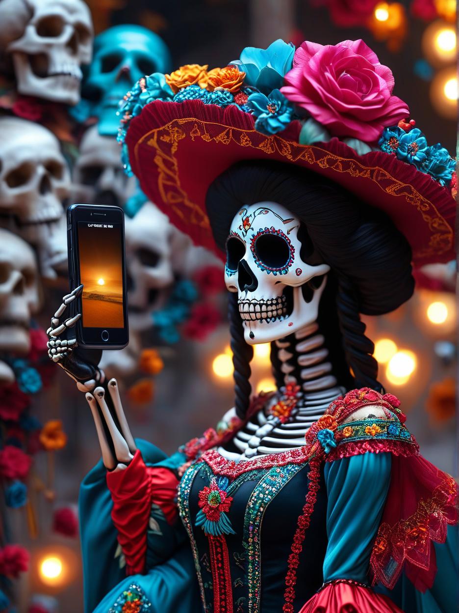  best quality, hd, a close up of a skeletal hand of a mexican catrina holding a smart phone and taking a selfie. the background is decorated in a mexican style and features elements such as skulls and stars, creating an atmosphere that reflects day of the dead celebrations. hyperrealistic, full body, detailed clothing, highly detailed, cinematic lighting, stunningly beautiful, intricate, sharp focus, f/1. 8, 85mm, (centered image composition), (professionally color graded), ((bright soft diffused light)), volumetric fog, trending on instagram, trending on tumblr, HDR 4K, 8K