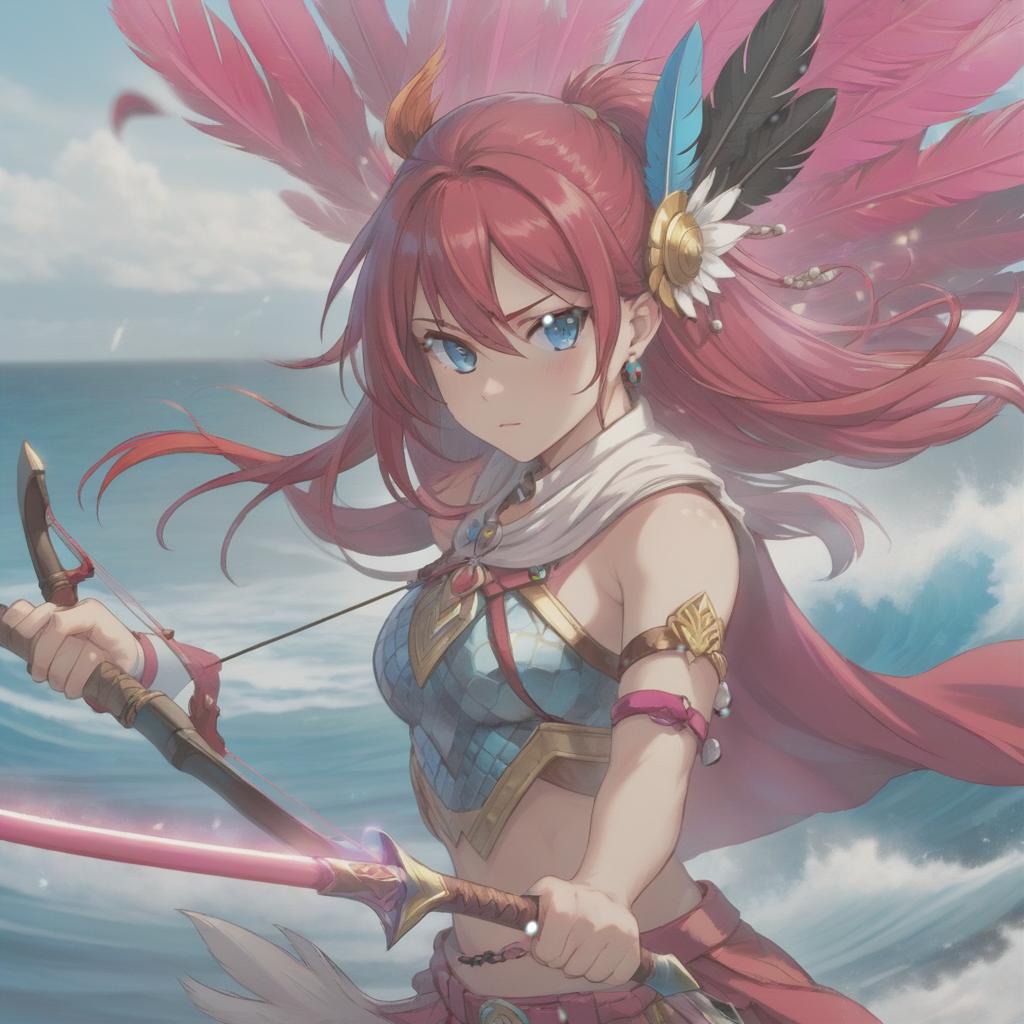  long exposure photo of portrait of strong rage amazonas archer. blue eye. long red hair. tilting head down, magenta mantle, shoulder pad feather, accessory necklace with pearls on the forehead, by the sea . blurred motion, streaks of light, surreal, dreamy, ghosting effect, highly detailed, sticker, hkmagic