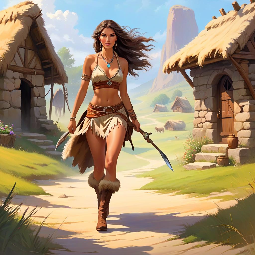  ethereal fantasy concept art of stone age woman in a dirty fur skirt and a dirty fur vest, hunts in the steppe, outdoor, at full heigh body, with brovn hair, slender, slim waist, long loincloth, tanned skin, at full heigh body, action pose, full heigh body, against the backdrop of a stone age village, . magnificent, celestial, ethereal, painterly, epic, majestic, magical, fantasy art, cover art, dreamy