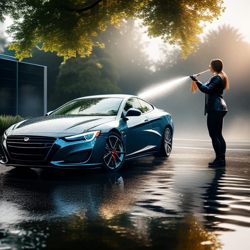  kids washing car and some of playing with water hyperrealistic, full body, detailed clothing, highly detailed, cinematic lighting, stunningly beautiful, intricate, sharp focus, f/1. 8, 85mm, (centered image composition), (professionally color graded), ((bright soft diffused light)), volumetric fog, trending on instagram, trending on tumblr, HDR 4K, 8K