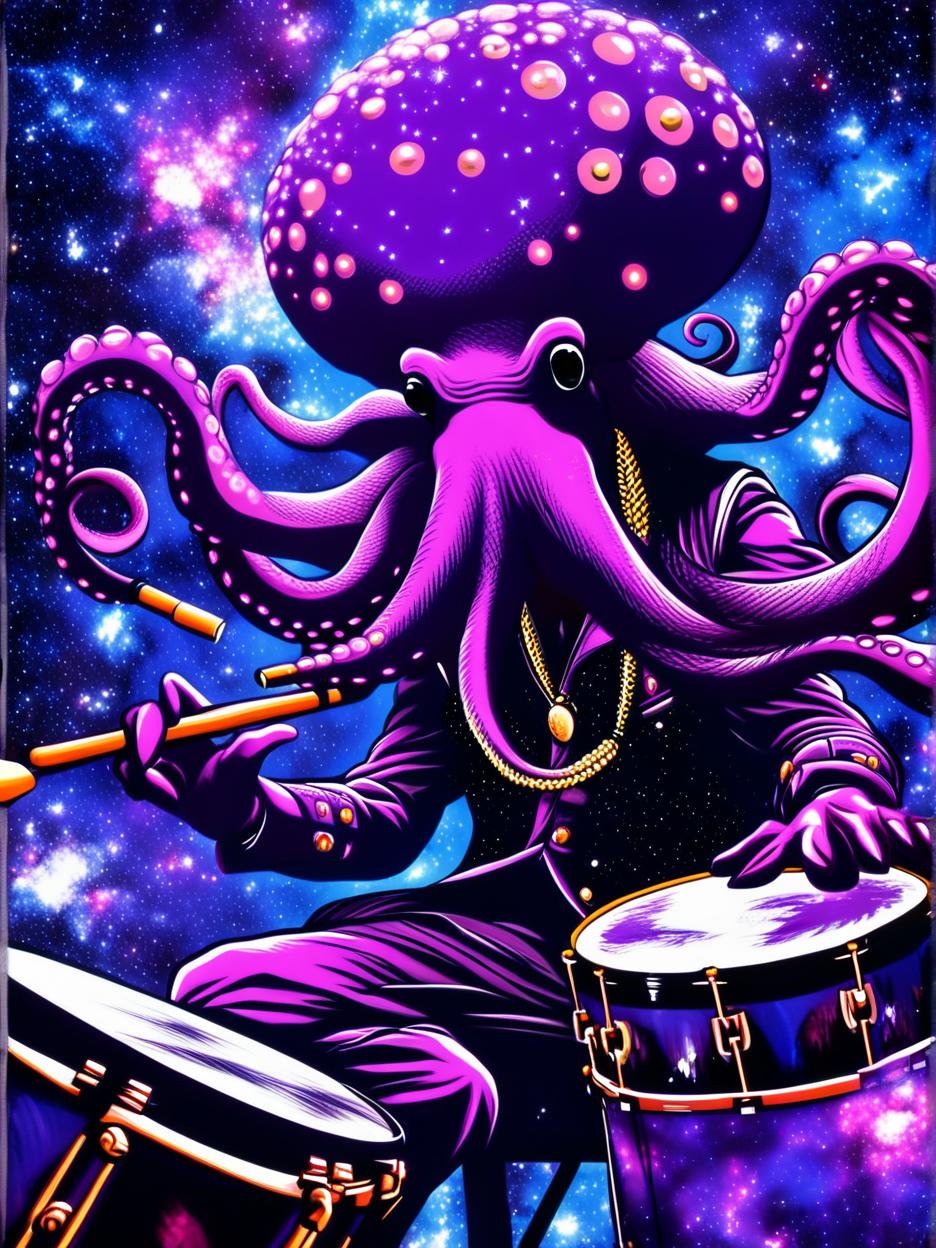  best quality, hd, trippy purple octopus playing drums in space tool