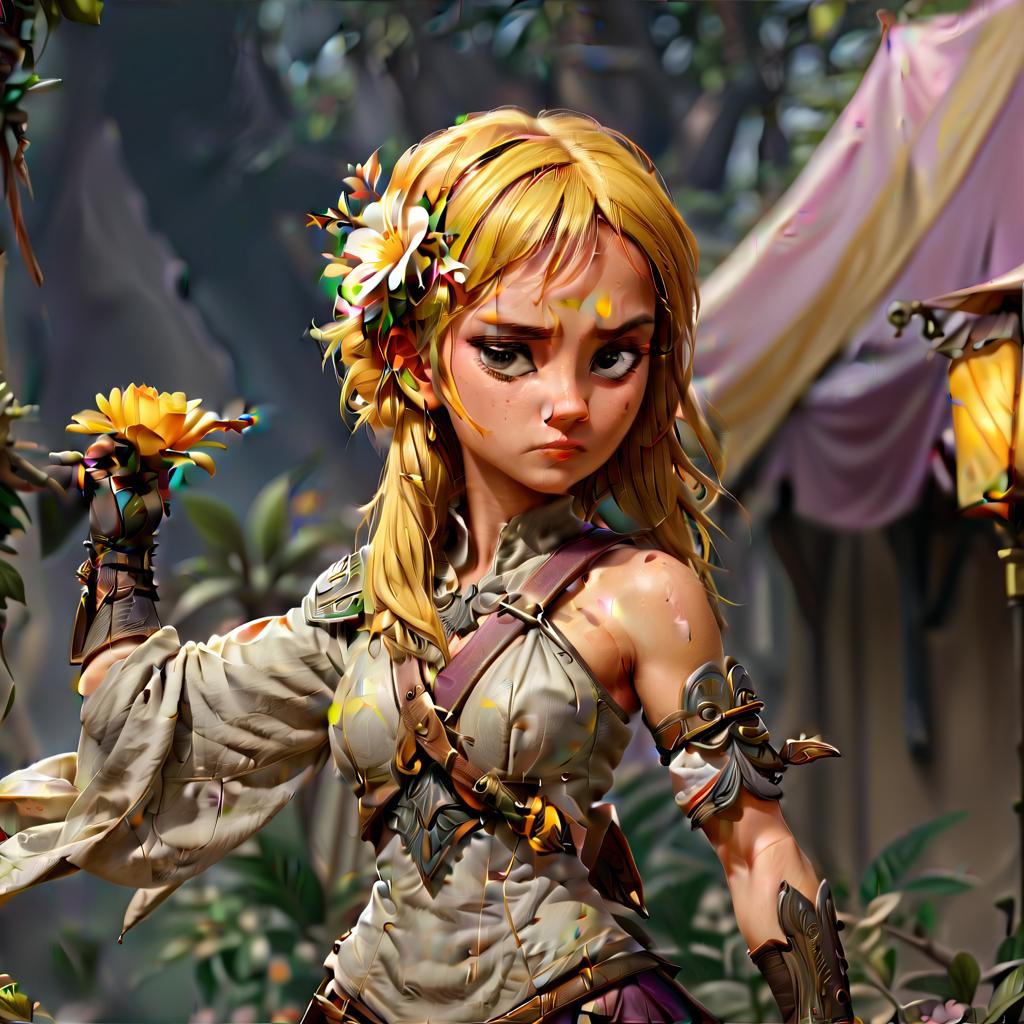  concept art the girl looks to the right, her right hand is turned with her thumb to her face, a one handed sword hangs on her back, a flower is attached to her head, her hair is yellow, in the background one box is on the right and two are on the left, on the top right stretches a fabric from the tent to the lower left corner . digital artwork, illustrative, painterly, matte painting, highly detailed, civitai, perfecteyes