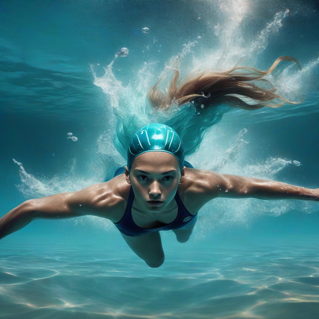  space themed swimmer athlete under water, in a turquoise sports jersey, facing the lens swims to the finish line, face open, no glasses on the face, beautiful, hair tied in a bundle, photorealism, detailed study of the body, clear pool water, photo 16k. . cosmic, celestial, stars, galaxies, nebulas, planets, science fiction, highly detailed