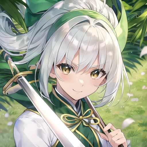  master piece , best quality,yomu konpakuto yomu face, white hair, green clothes, hair band, ribbon, two swords, .