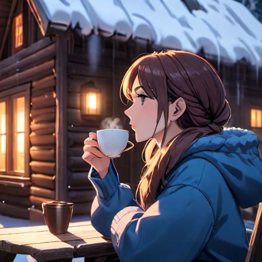  a woman in her 30s drinking a cup of coffee while eating a blueberry muffin in her cozy cabin in the snowy mountains hyperrealistic, full body, detailed clothing, highly detailed, cinematic lighting, stunningly beautiful, intricate, sharp focus, f/1. 8, 85mm, (centered image composition), (professionally color graded), ((bright soft diffused light)), volumetric fog, trending on instagram, trending on tumblr, HDR 4K, 8K