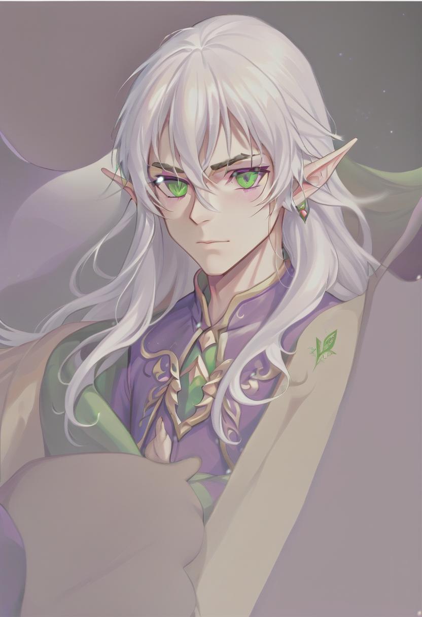  man, elf, long white hair, green eyes, purple clothes, sticker