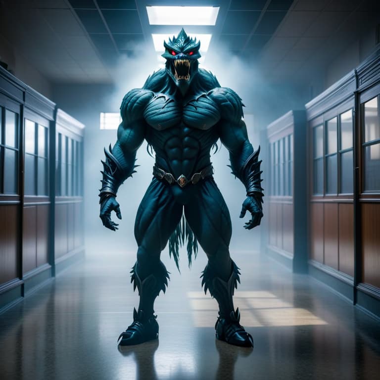  involving monster, ghost in a school setting hyperrealistic, full body, detailed clothing, highly detailed, cinematic lighting, stunningly beautiful, intricate, sharp focus, f/1. 8, 85mm, (centered image composition), (professionally color graded), ((bright soft diffused light)), volumetric fog, trending on instagram, trending on tumblr, HDR 4K, 8K