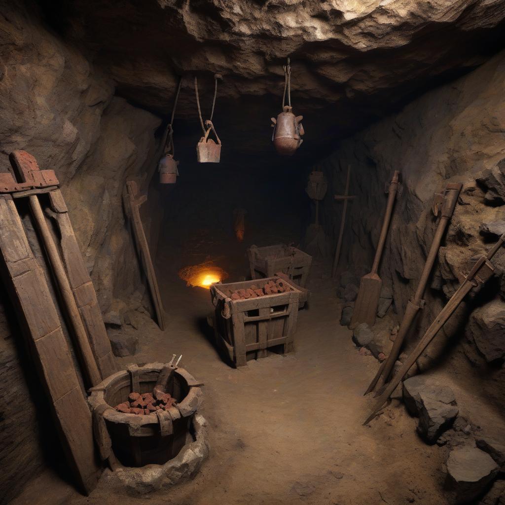  the medieval mine inside with ore and pickaxes is wide with relief