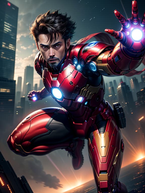  master piece, best quality, ultra detailed, highres, 4k.8k, iron man, flying, fighting, leading, protecting, confident, determined, focused, heroic, break adventure of a superhero in high tech armor., sky above a futuristic city, high tech armor, repulsor rays, futuristic skyscrapers, glowing lights, break futuristic, dynamic, high energy, epic, glowing effects, motion blur, dramatic lighting, dynamic action,