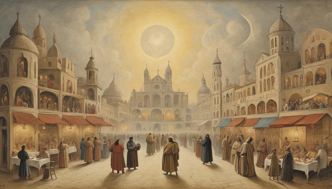  on parchment, surrealism++, a bustling marketplace, people previously unseen glowing with ethereal light, their presence now acknowledged by the crowd, welcoming, transformative(mysterious, provocative, symbolic)++