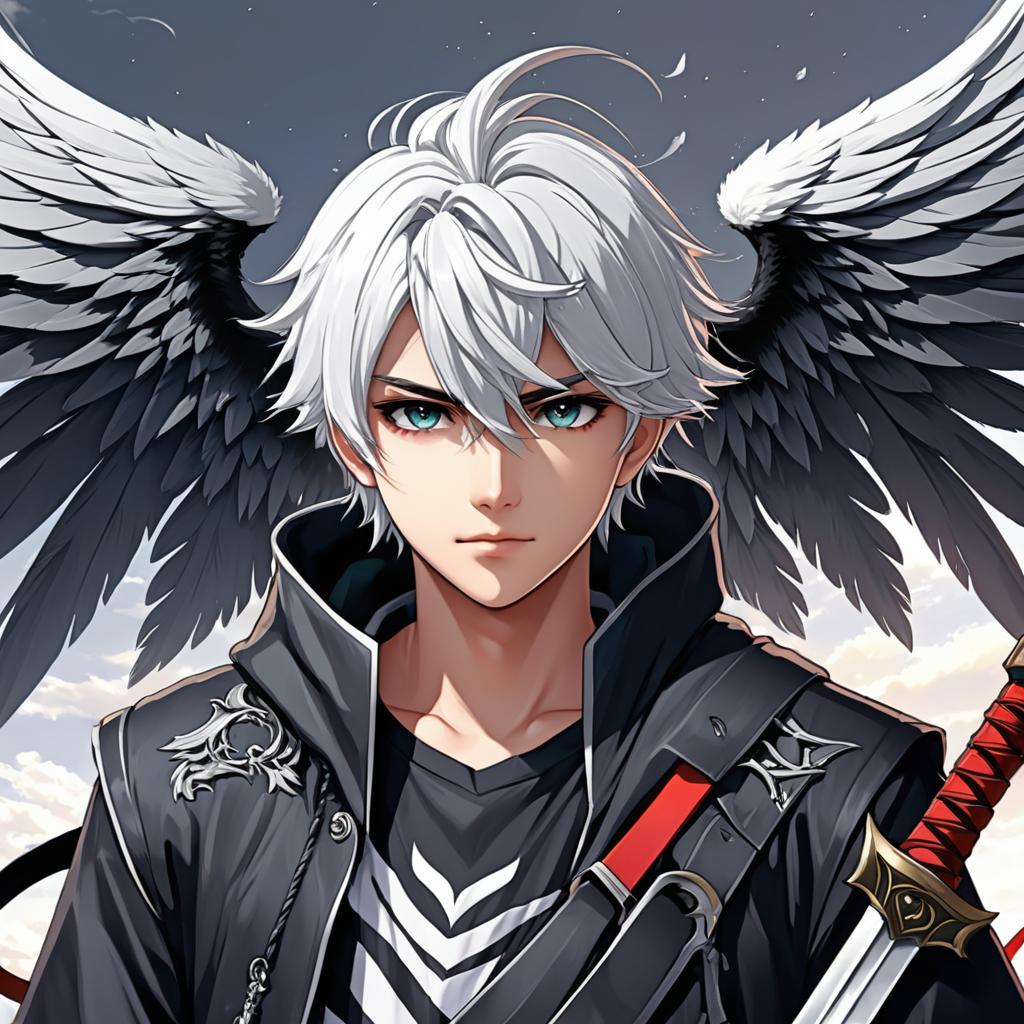  young man with black and white hair, one demon wing, one angel wing and a scythe, anime artwork, anime style, key visual, vibrant, studio anime, highly detailed