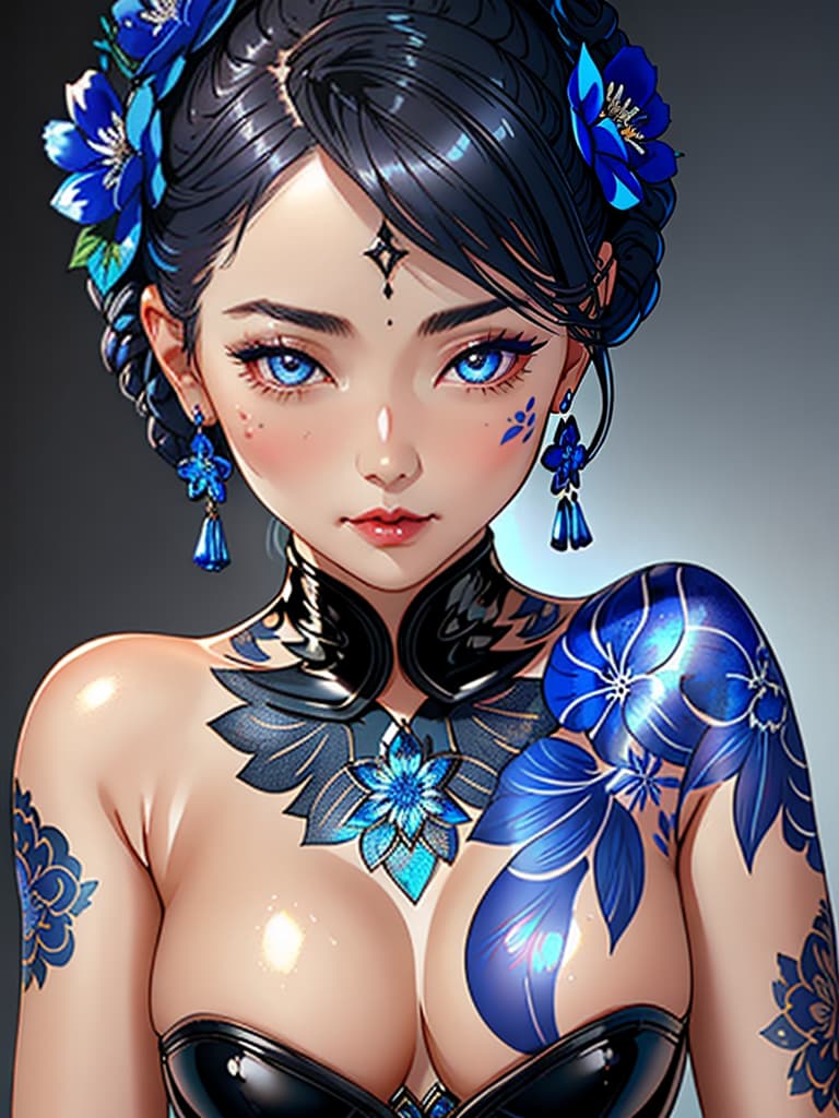  Close-up porcelain female figurine, looking to the camera, glossy surface, glaze, shiny, blue floral tattoos on her, dark gradient background, baroque dark style, hyperrealistic, CG society, intricate details