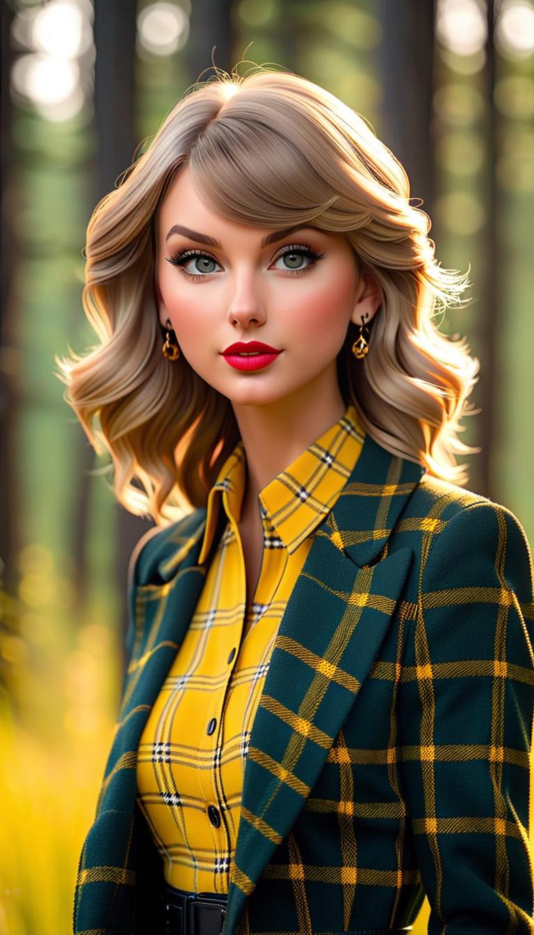  professional 3d model of taylor swift wearing black and yellow plaid . rendered with octane, the model is highly detailed,dramatic lighting. hyperrealistic, full body, detailed clothing, highly detailed, cinematic lighting, stunningly beautiful, intricate, sharp focus, f/1. 8, 85mm, (centered image composition), (professionally color graded), ((bright soft diffused light)), volumetric fog, trending on instagram, trending on tumblr, HDR 4K, 8K