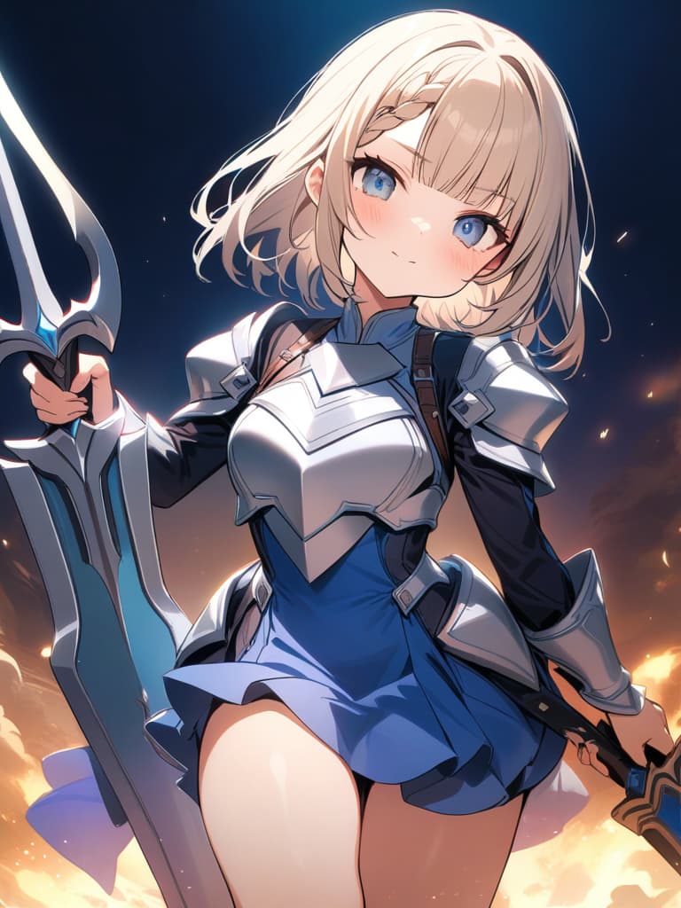  ultra detailed:1.2,masterpiece:1.2,best quality,masterpiece,bestquality,hdr:1.1,8k:1.1,very cute girl:1.3,(silver armor dress,blue dress:1.3)(blond hair,chignon,braided bangs,blunt bangs:1.6)(blue eyes:1.3),(holding great sword:1.6)dignified expression