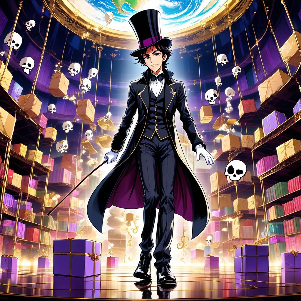  anime artwork beautiful thin man, tall, dark haired, thin mustache, goatee, thin face, wrinkles, black tailcoat, black trousers, black shoes, top hat, cane with a skull, white gloves, stage, the world rotates, floor above, ceiling below, stands upside down, boxes fly in the air, (high detail), (high resolution), (ultra detaile) quality 2 . anime style, key visual, vibrant, studio anime, highly detailed