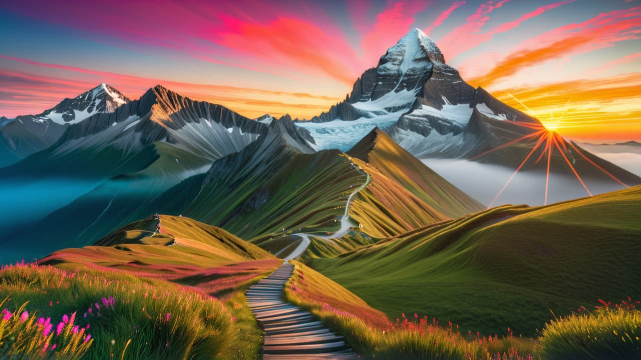  a serene mountain landscape at dawn, featuring five distinct paths leading toward a shining summit, each path marked by symbolic icons: a target, a calendar, a compass, a checklist, and a trophy. hyperrealistic, full body, detailed clothing, highly detailed, cinematic lighting, stunningly beautiful, intricate, sharp focus, f/1. 8, 85mm, (centered image composition), (professionally color graded), ((bright soft diffused light)), volumetric fog, trending on instagram, trending on tumblr, HDR 4K, 8K