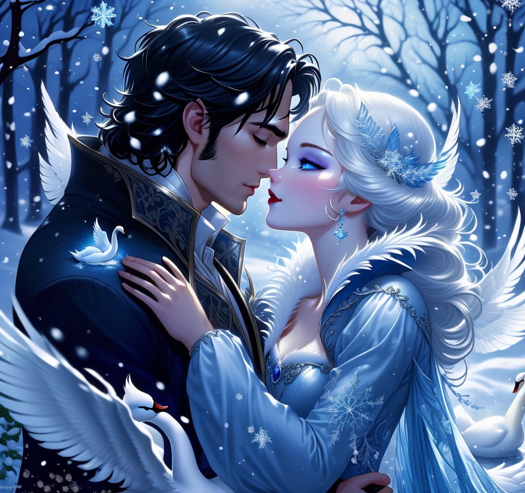  dreamscape thy name is (kiss the snow1,2) . ((key, (ice, blue1,6 sip)) ((blue eyed)) i've been jinxed ((snow singer1,8) . ((snow swan)) ((the snow swan)) feathers at my feet.( feathers flutter and slowly sink into the snow). (snow white swan): the head and body are creamy white with a silvery tint. wings of white blue colour from snowflakes (roses): light blue colour with leaves from ice crystals. background:soft blue with delicate patterns of falling snow and curls of blizzards, ice patterns on water.(style):fantasy, romantic art, silver age poetry, 19th century, dedication. . surreal, ethereal, dreamy, mysterious, fantasy, highly detailed, civitai, hkmagic