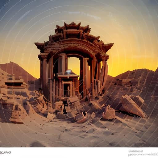 dvarchmodern an ancient temple in the desert with beautiful ancient architecture, near which lie the wreckage of robots absorbed by sand. sunset style lighting