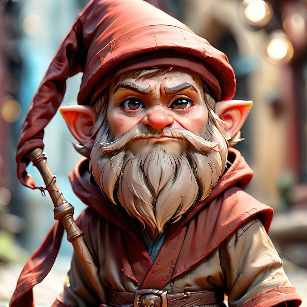  cinematic photo little gnome wizard in brown robe and with a high cap, face brooding, hair red, small beard . 35mm photograph, film, bokeh, professional, 4k, highly detailed, perfecteyes, perfect hands, hkmagic, on parchment