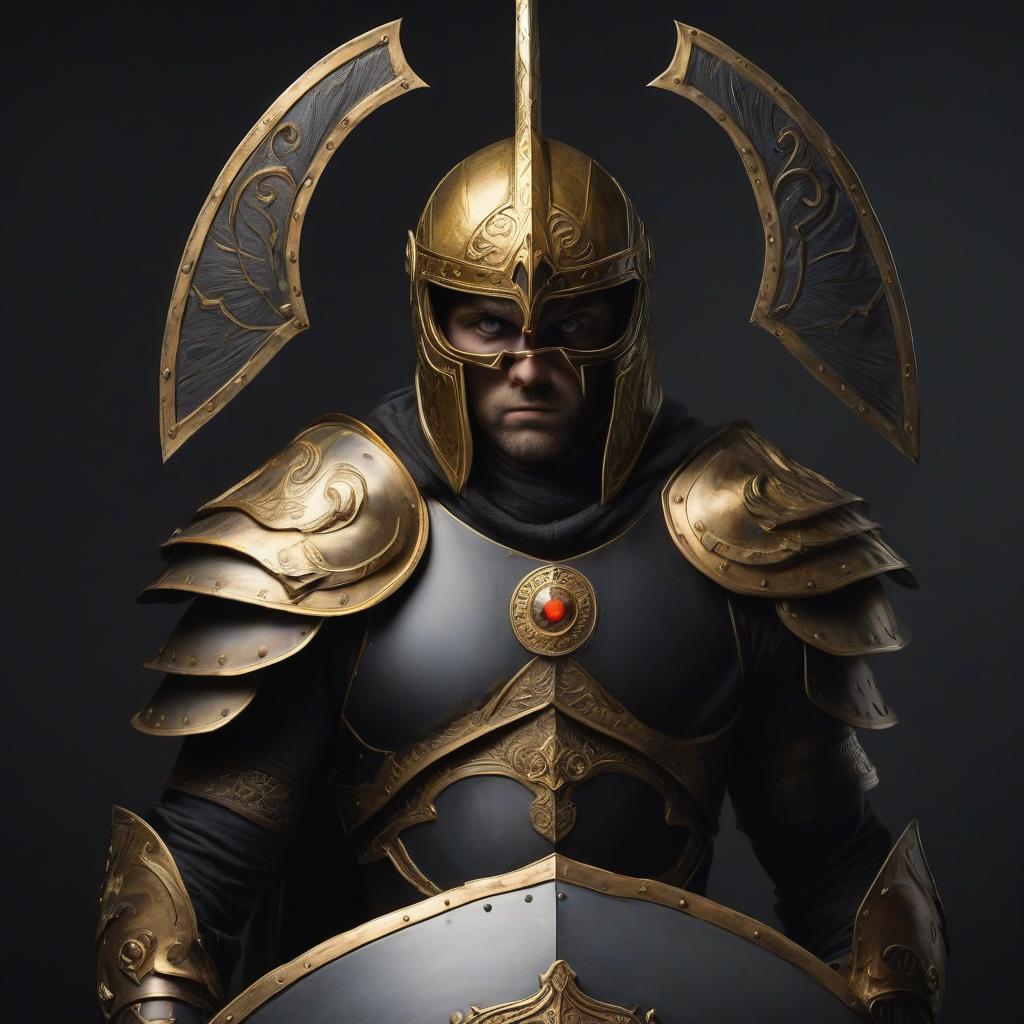  warrior in a helmet with a shield with golden eyes