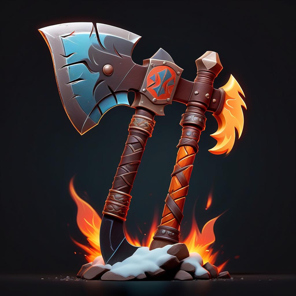  ethereal fantasy concept art of asymmetrical barbarian big battle axe, tribal accessories, rpg class minimal badge logo, front view, fire and ice, black background . magnificent, celestial, ethereal, painterly, epic, majestic, magical, fantasy art, cover art, dreamy, sticker