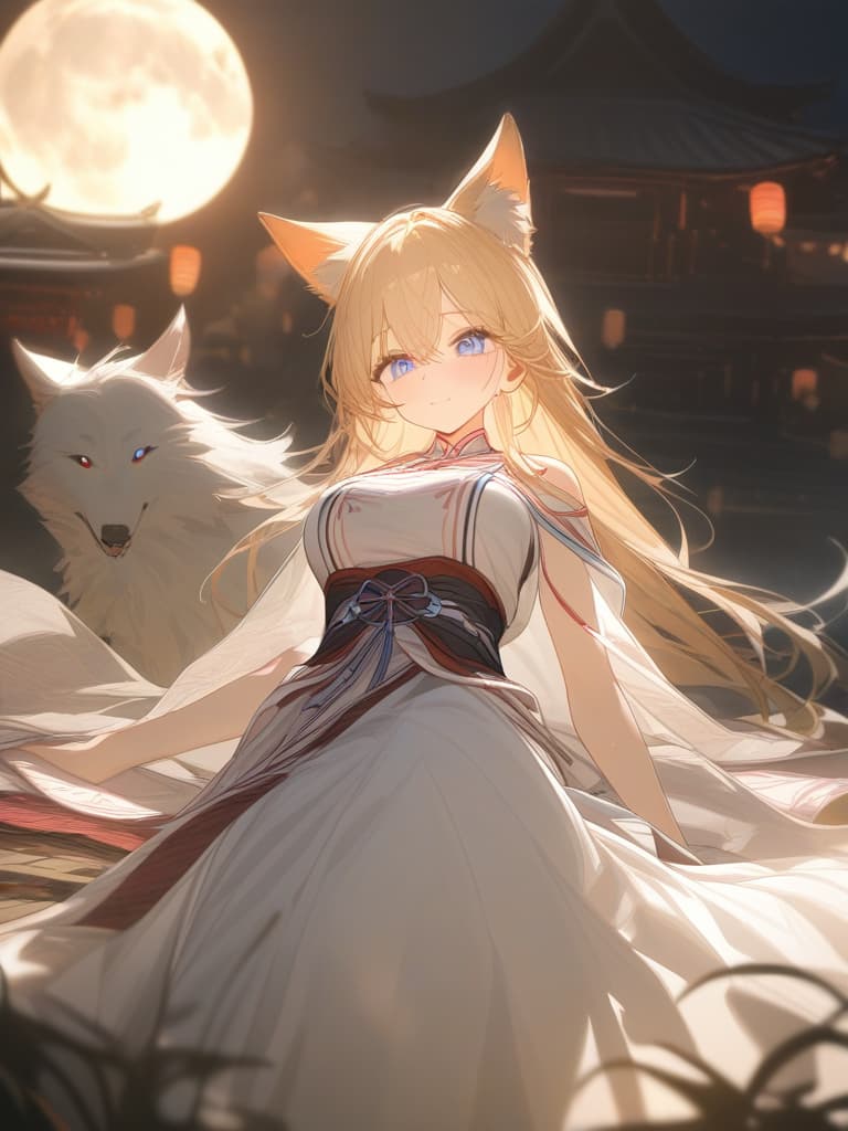  blond, blue eyes, night, big moon, shrine maiden, wolf, wolf ears, masterpiece, best quality,8k,ultra detailed,high resolution,an extremely delicate and beautiful,hyper detail