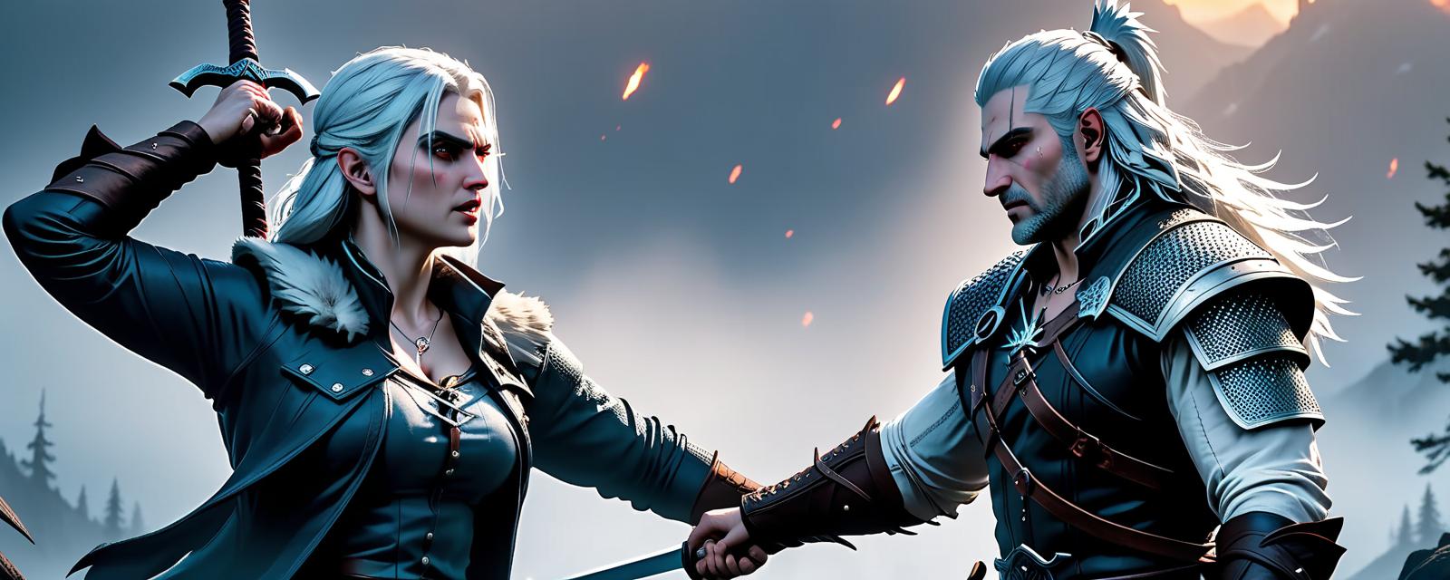  geralt and ciri fight with swords with monsters: wendigo, griffon, leshim, werewolf., t shirt design hyperrealistic, full body, detailed clothing, highly detailed, cinematic lighting, stunningly beautiful, intricate, sharp focus, f/1. 8, 85mm, (centered image composition), (professionally color graded), ((bright soft diffused light)), volumetric fog, trending on instagram, trending on tumblr, HDR 4K, 8K