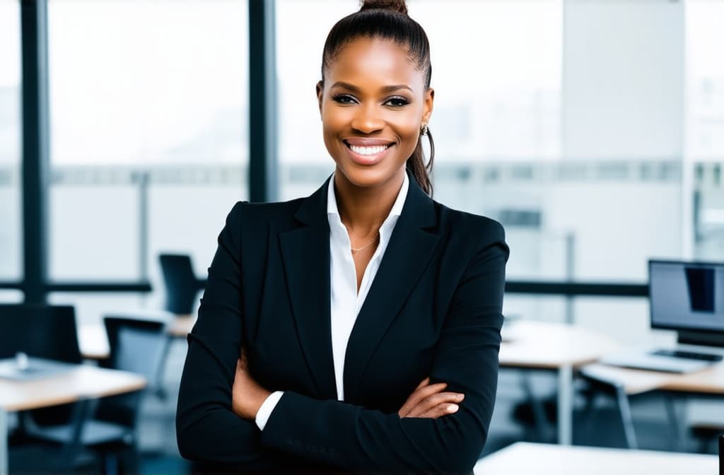  professional detailed photography, portrait of smiling businesswoman with tied up hair standing in open plan office. happy female professional executive manager, financial banking or marketing data. ar 3:2, (muted colors, dim colors, soothing tones), (vsco:0.3)