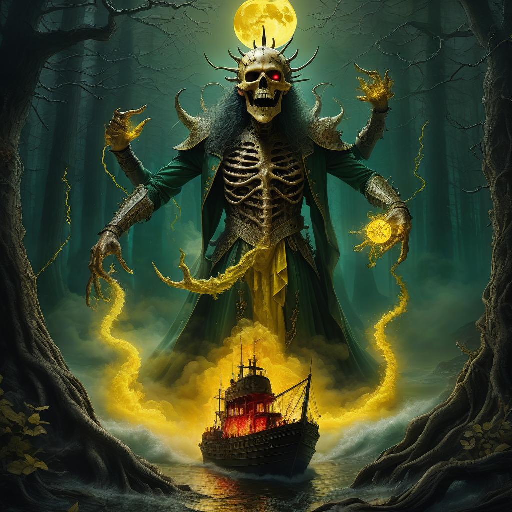  nautical themed in a gloomy forest, the toothy sorcerer hellraiser sits and looks at fiery demons shrouded in yellow smoke with red threads of green sparks moon star rays of white light . sea, ocean, ships, maritime, beach, marine life, highly detailed