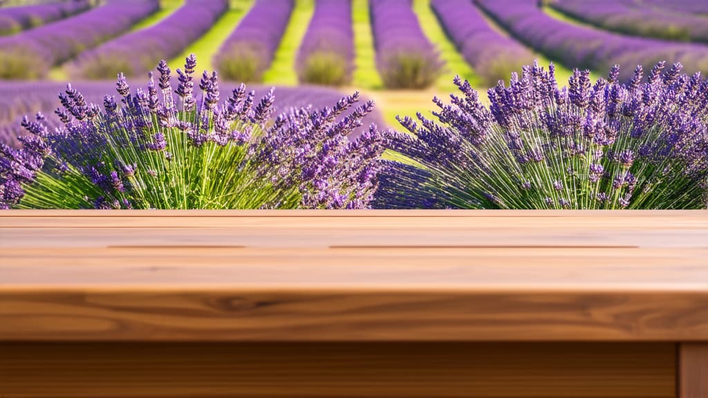  empty wooden brown table top with blur background of lavender fields ar 16:9 {prompt}, maximum details