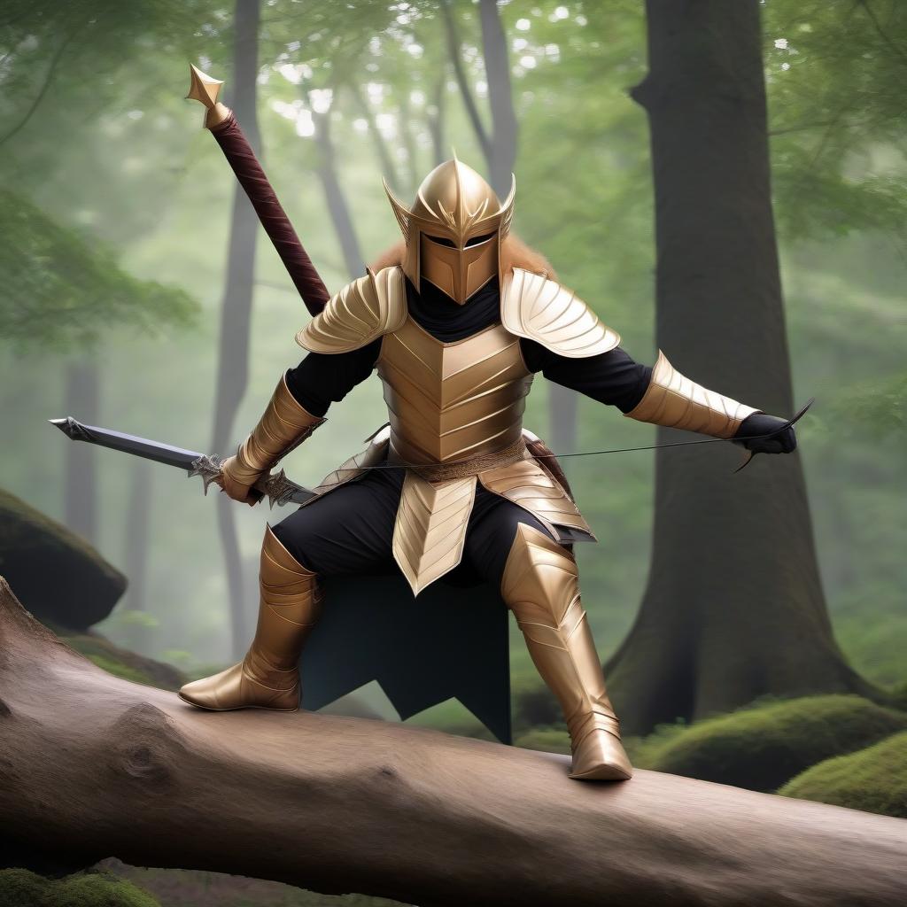  Draw an elven warrior in golden armor with a sword in his hands and a bow on his back against the background of an elven forest