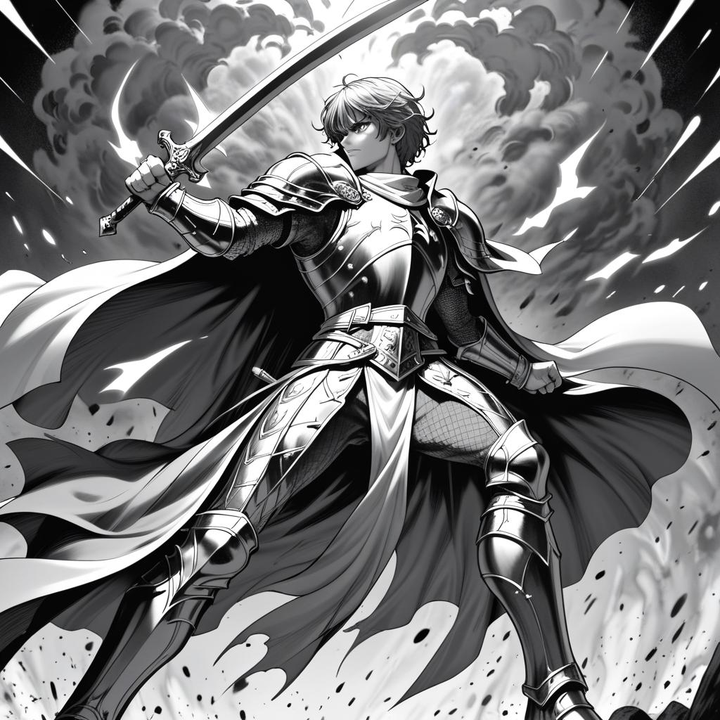  manga artwork fantasy, greyscale monochrome, manga materials, knight fighting sorcerer, fullsize body view, legs. manga artist. manga, highly emotional. best quality, high resolution