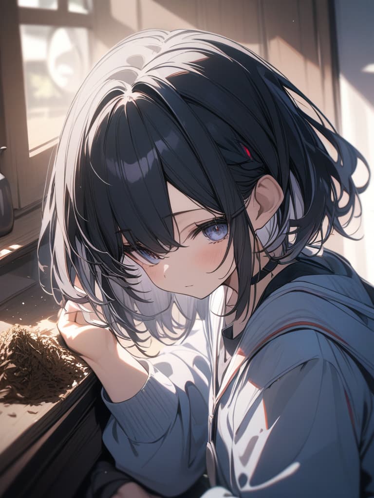  fox ear, hair tip blue, black hair, cute, virtual, short hair, braided ears, the cutest in the world, short hair, blue, tobacco, ill, dark, masterpiece, best quality,8k,ultra detailed,high resolution,an extremely delicate and beautiful,hyper detail