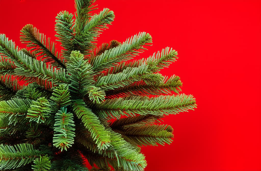  professional detailed photography, illustration of a christmas tree on a red background ar 3:2, (muted colors, dim colors, soothing tones), (vsco:0.3)