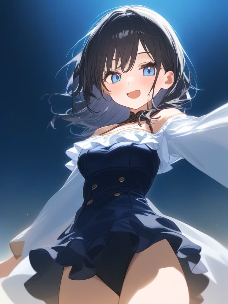  cute face focus,cute,black hair,light blue eyes,cute posing,frill onepiece