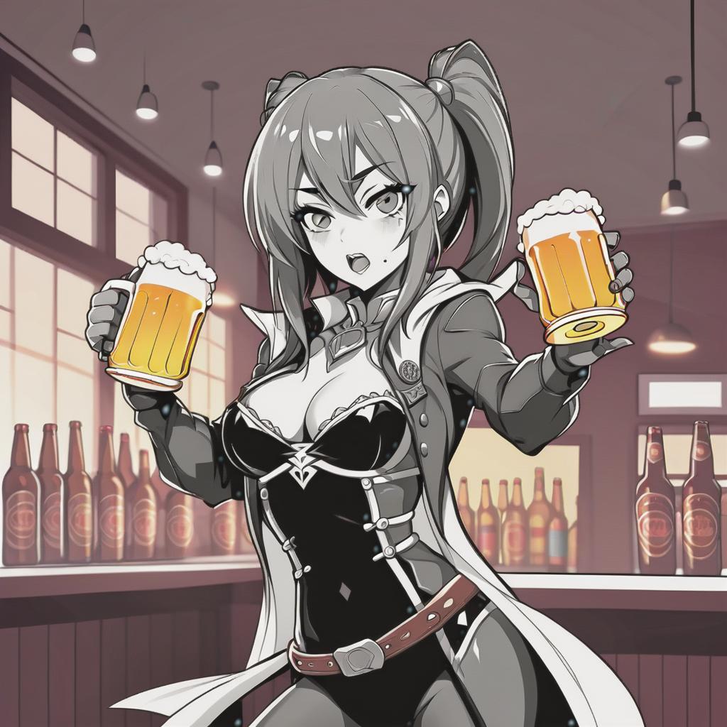  line art drawing rogue girl raise beer glass, same nightmare. anime style . professional, sleek, modern, minimalist, graphic, line art, vector graphics