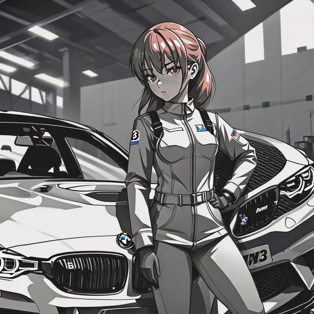  line art drawing mechanic girl,bmw m3, dnd, same nightmare. anime style . professional, sleek, modern, minimalist, graphic, line art, vector graphics