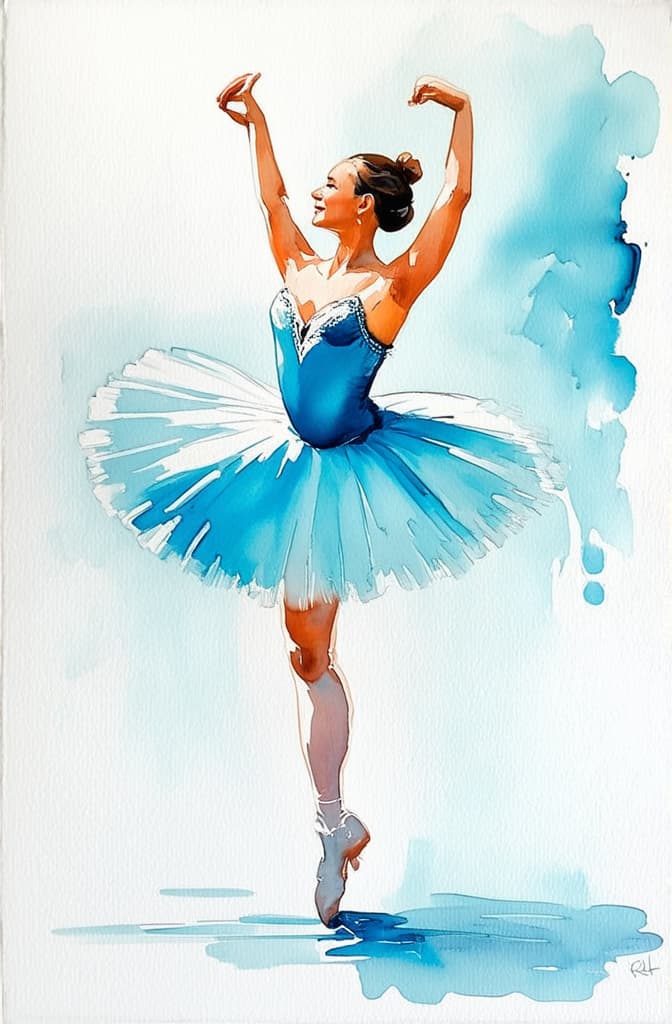  artwork oil painting ballerina in light blue tones ar 2:3, watercolor techniques, featuring fluid colors, subtle gradients, transparency associated with watercolor art