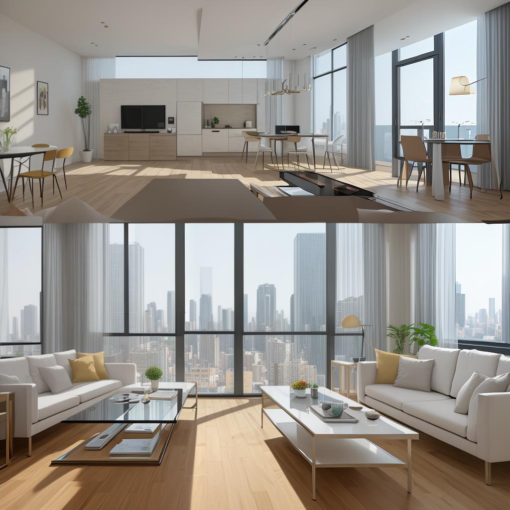  masterpiece, best quality, best quality, masterpiece, 8k resolution, high resolution apartment Living room concept art with floor-to-ceiling windows and modern furniture