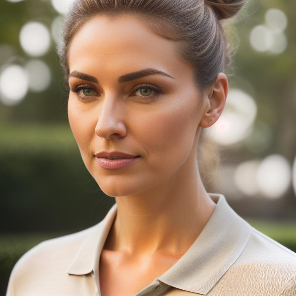  (((realistic full torso frontal head shot of a light beige to medium tan skin tone woman))), senta maria meier, ((caucasian heritage)), mature face, brown eye color, ((bun hair style)), (( hair color)), ((curvy body type)), xxl size, small size, (mature straight slender nose), (mature angular jawline), (mature medium lips), (mature prominent forehead), (mature perfect symmetry), (mature thin eyebrows), (mature pointed chin), standing straight looking directly into the camera,((wearing fitted polo shirt with deep v neck and monogrammed pocket)), backyard in background, 1, best quality, highest quality, award winning photo, masterpiece, raw, professional photography, photorealism, sharp focus, cinematic, high reso hyperrealistic, full body, detailed clothing, highly detailed, cinematic lighting, stunningly beautiful, intricate, sharp focus, f/1. 8, 85mm, (centered image composition), (professionally color graded), ((bright soft diffused light)), volumetric fog, trending on instagram, trending on tumblr, HDR 4K, 8K