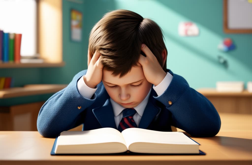  epic realistic, hyperdetailed, (cycles render:1.3), caustics, (glossy:0.58), (artstation:0.82),a primary school child sits at a table in front of a notebook and holds his head, tired of studying ar 3:2