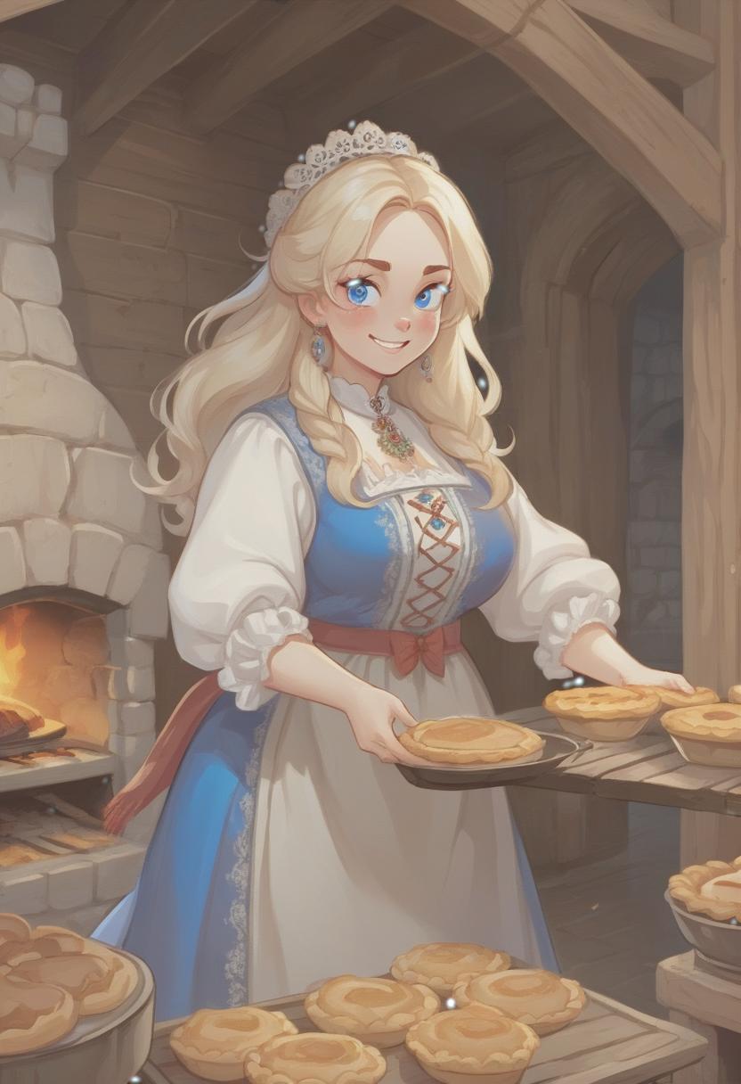  masterpiece, the best quality, a russian plump woman in traditional clothes takes pies from a stone stove.very light smile, tense, piercing eyes, blue eyes, flowing blond hair, dressed in a traditional russian outfit, cooks in the open air, inside a wooden castle, against the background of an ancient russian throne room in a wooden castle, cartoonish style, sweet,