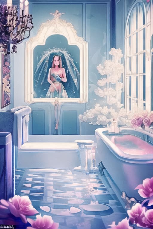  Lana del rey is having a bath with foam. She is in the bath. There are colourful tattoos on her legs. A beautiful designer bathroom is on the background. There are candles and a lot of vases with flowers and a dog in the bathroom