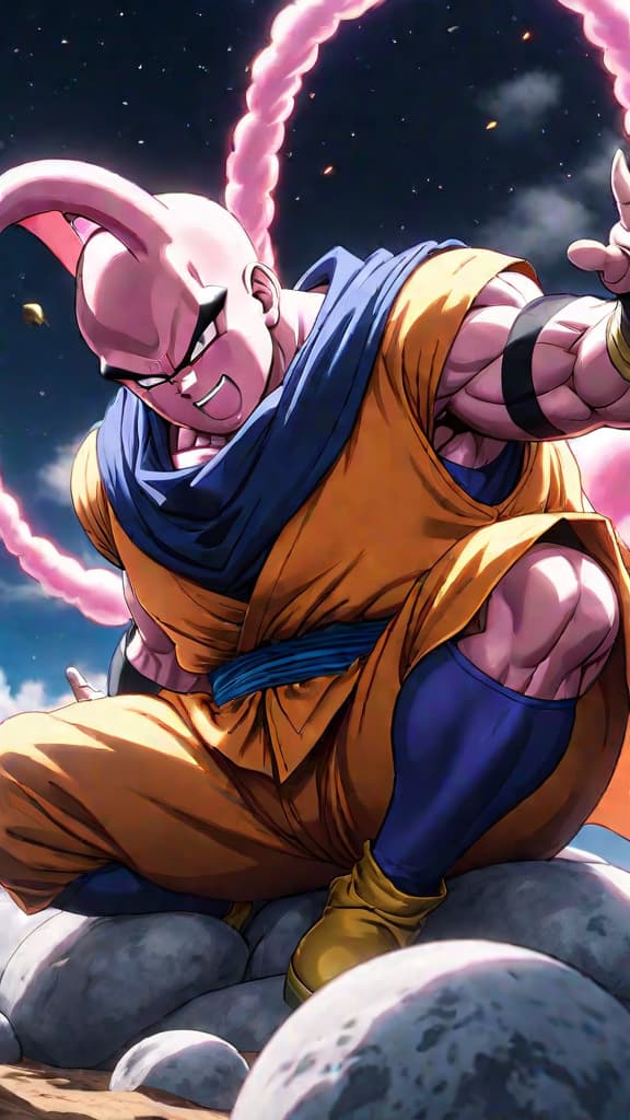  an anime art of majin buu hibernating during the tournament of power in dragon ball super. hyperrealistic, full body, detailed clothing, highly detailed, cinematic lighting, stunningly beautiful, intricate, sharp focus, f/1. 8, 85mm, (centered image composition), (professionally color graded), ((bright soft diffused light)), volumetric fog, trending on instagram, trending on tumblr, HDR 4K, 8K