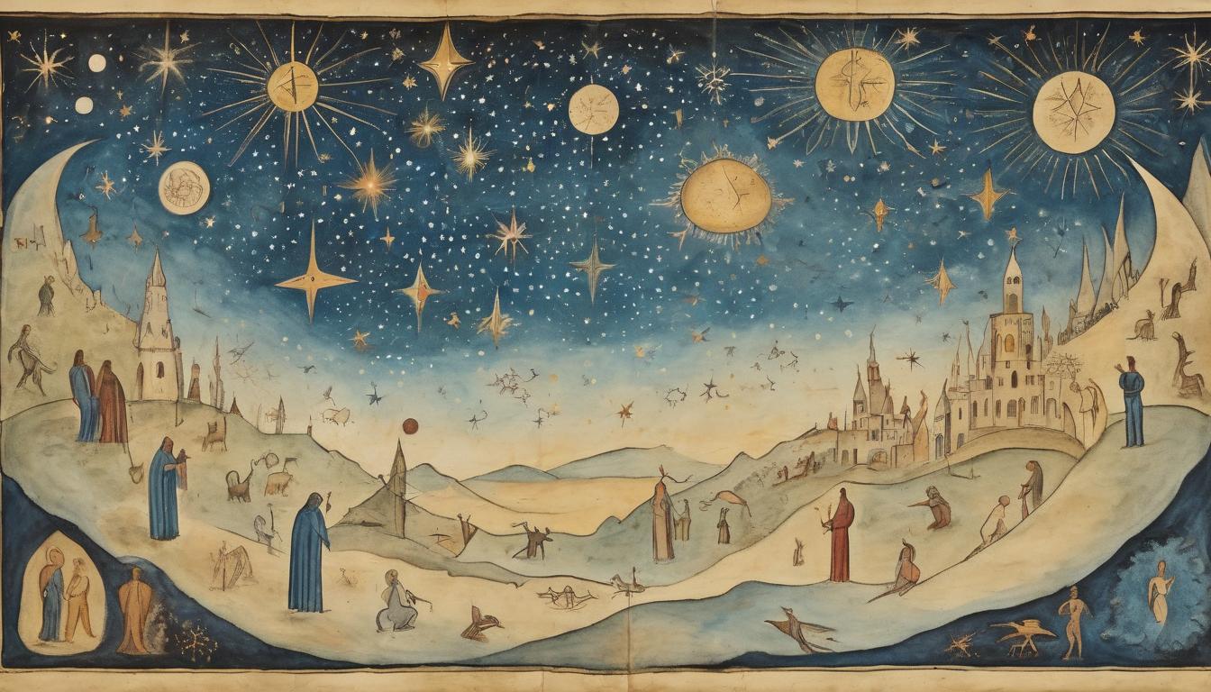  on parchment, surrealism++, starry sky with constellations forming sacred patterns, background of twilight, figures observing with awe and reverence, cosmic connection(mysterious, provocative, symbolic)++